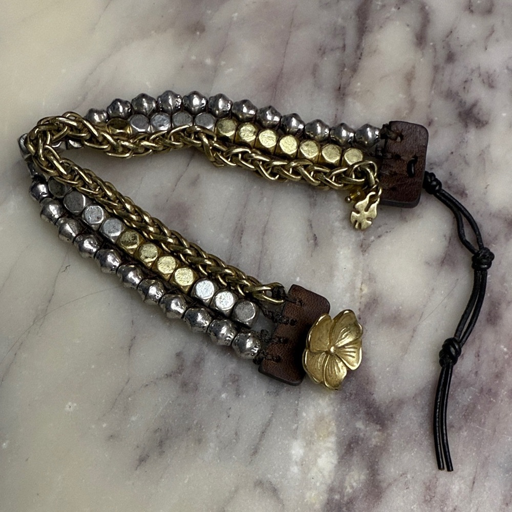 Lucky Brand Gold & Silver Multi-Row Bead Bracelet with Floral Clasp